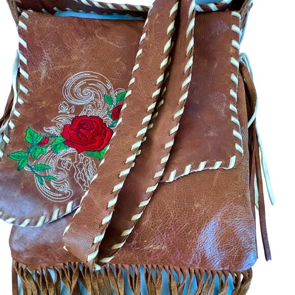 Handcrafted Brown Leather Crossbody Bag Red Rose Embroidery & Fringe Accents GUC - Picture 4 of 12